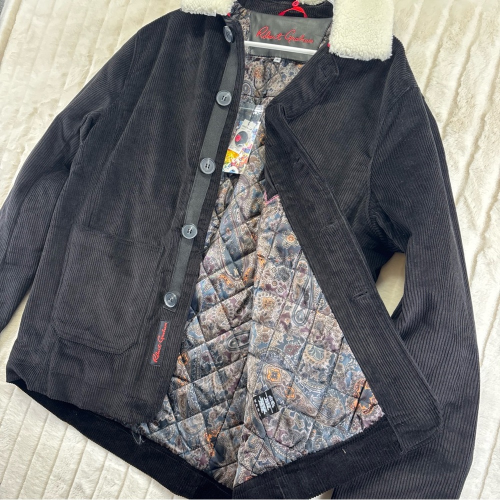 Robert Graham Black Corduroy barn Jacket with White Collar quilted - Picture 2 of 11
